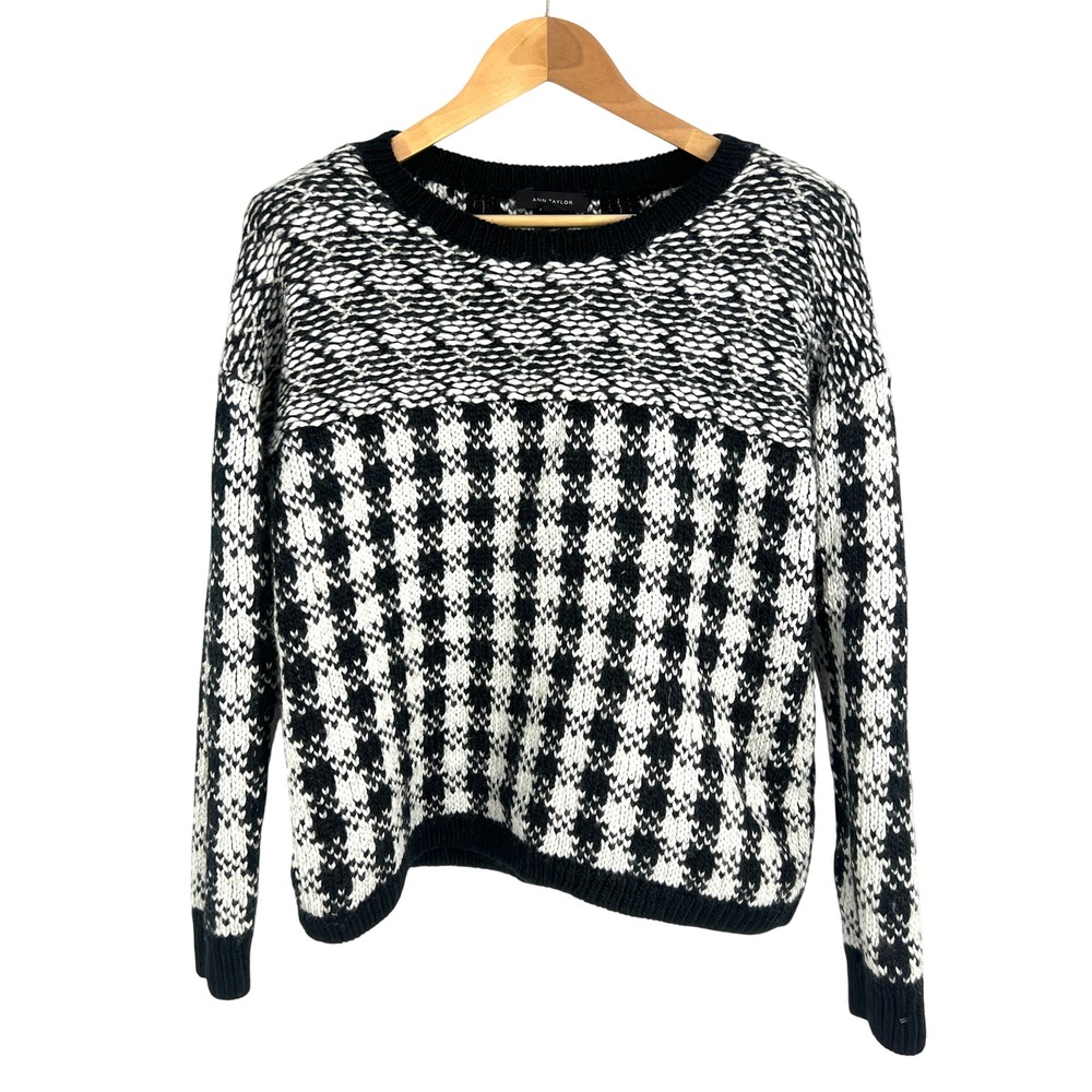 Ann Taylor Women XL Merino Wool Blend Houndstooth Plaid Knit Sweater Black White
